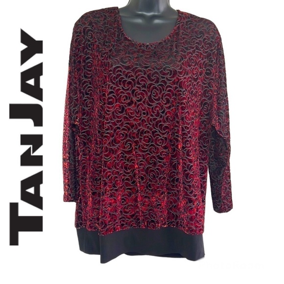Tanjay Red/Black Velvet Burnout Detail Long Sleeve Blouse Size L - Picture 1 of 11